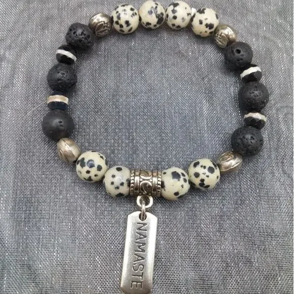 Dalmatian Jasper Beaded Bracelet Handmade Black Lava Stones Tibetan Silver Charm - Picture 6 of 10